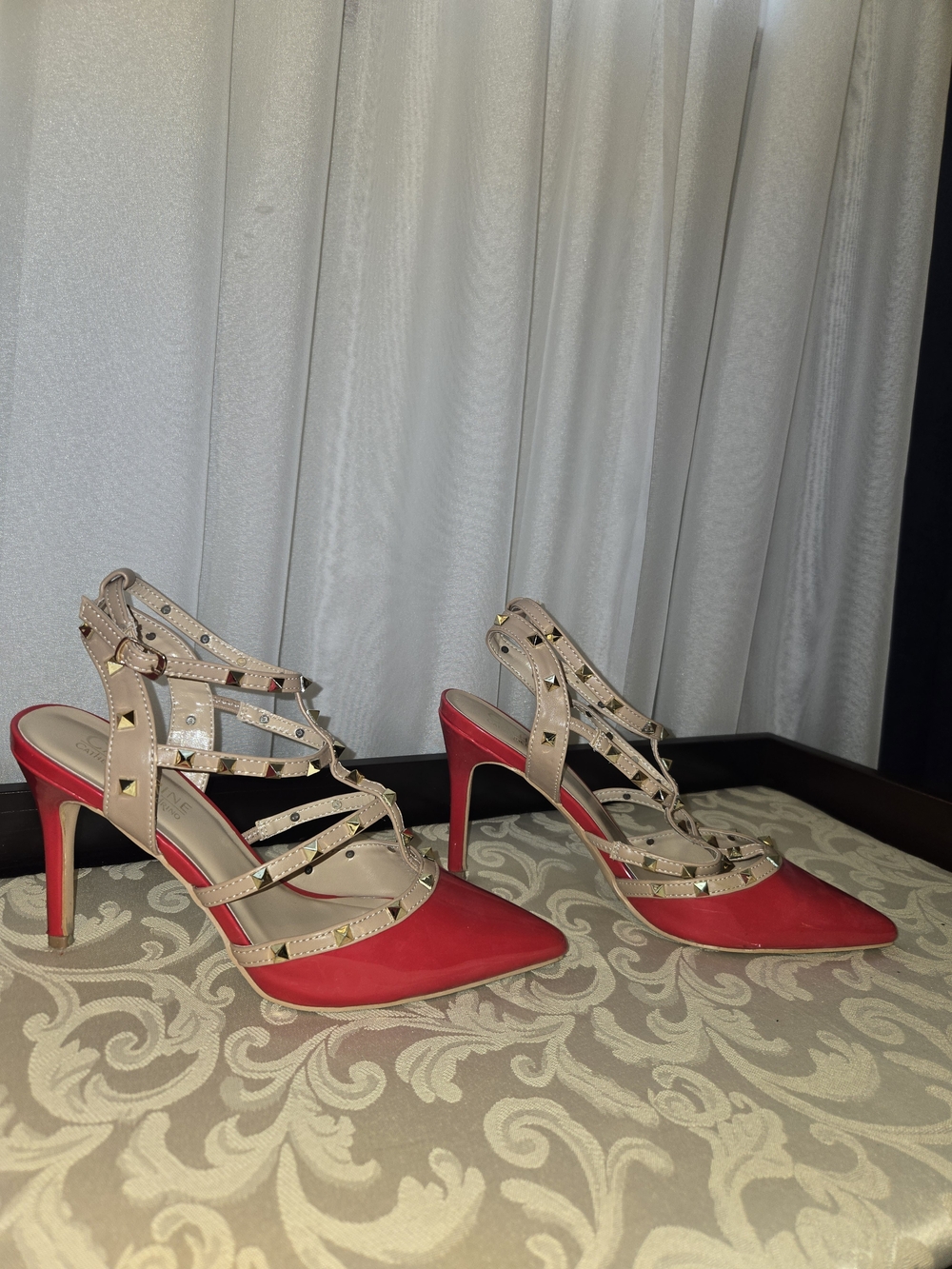 Studded Strappy Pointed-Toe Heels in Red and Nude - Picture 3 of 11